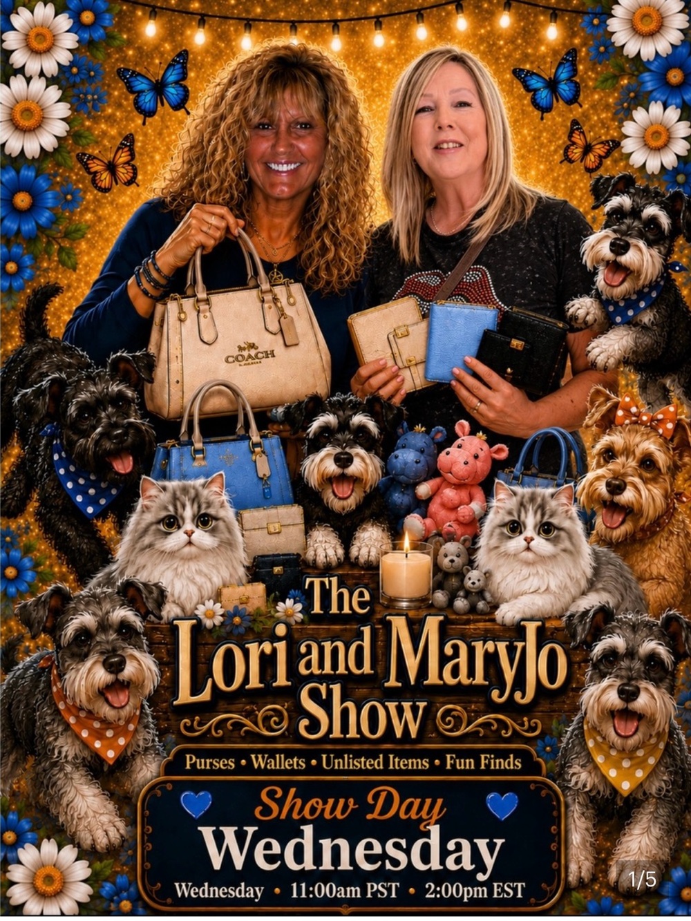 Lori and MaryJo Show Day Pet Poster - Decorative Blue & Gold Design